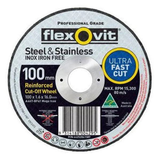 FLEXOVIT CUTTING DISC 100X1.6MM MEGA INOX THIN 15102016 - QWS - Welding Supply Solutions