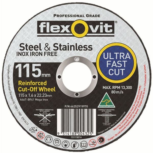 FLEXOVIT CUTTING DISC 115X1.6MM MEGA INOX 15115016 - QWS - Welding Supply Solutions