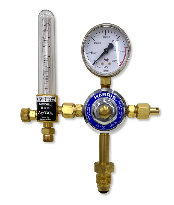 HARRIS REGULATOR ARGON 821 WITH FLOWMETER PRESET VERT INLET - QWS - Welding Supply Solutions