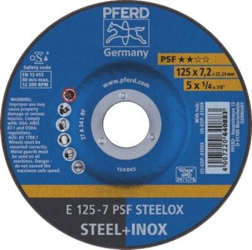 PFERD GRINDING DISC 125X7.2X22 STEELOX - STEEL & INOX D/C - QWS - Welding Supply Solutions